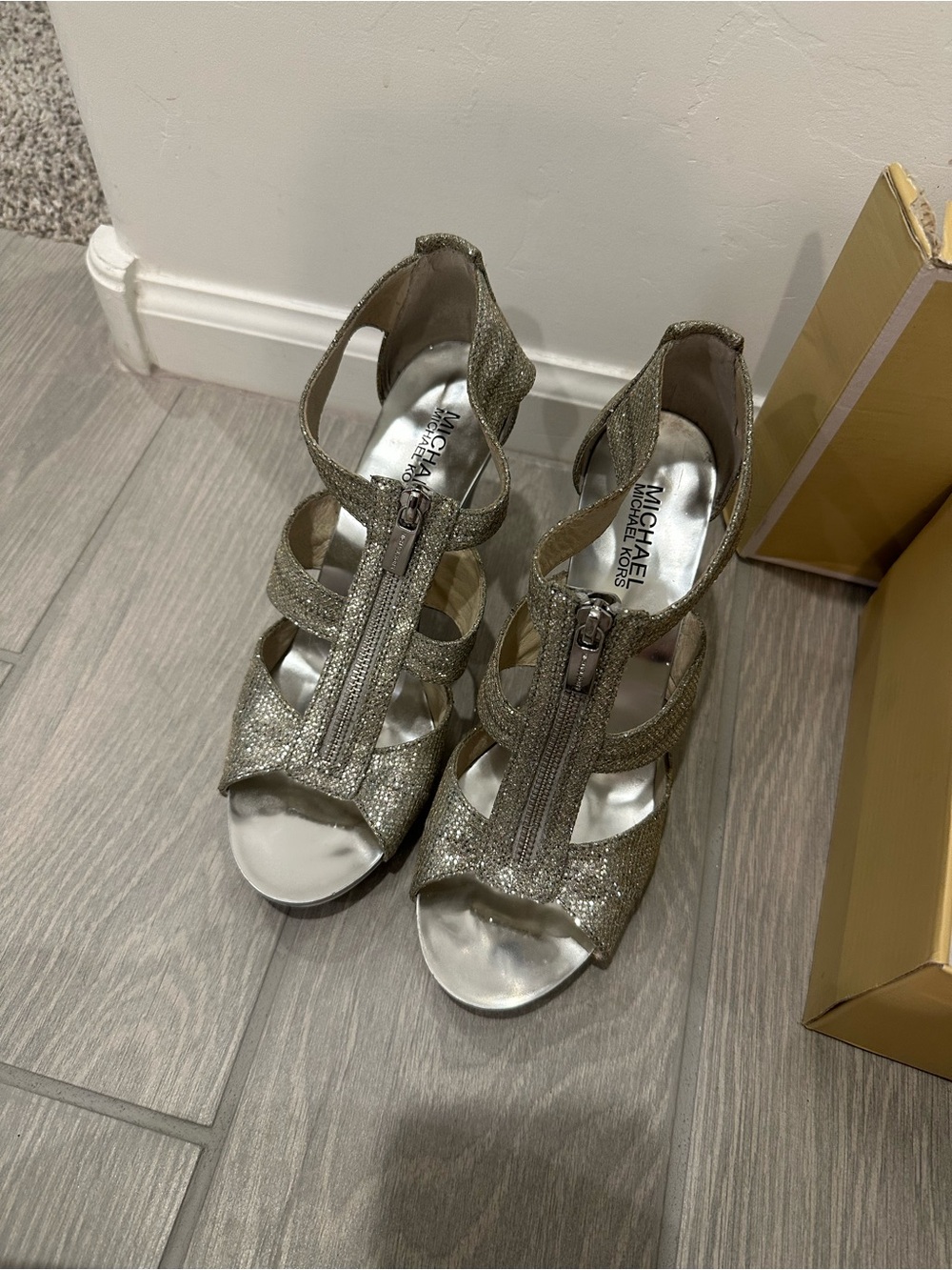 Michael Kors Glitter Zip-Front Peep Toe Heels in Silver